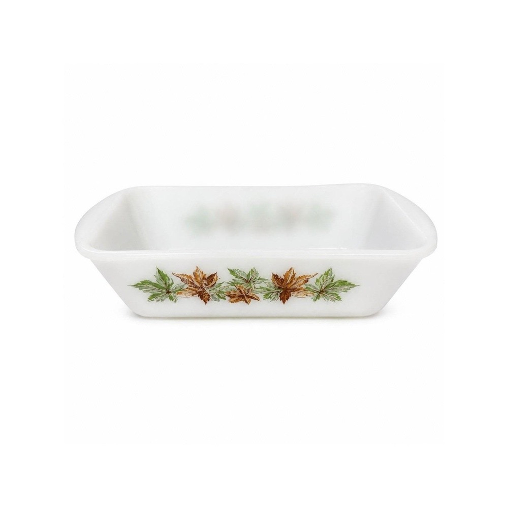 Vintage Glasbake Maple Leaves White Milk Glass Loaf Pan Baking Dish Fall Autumn